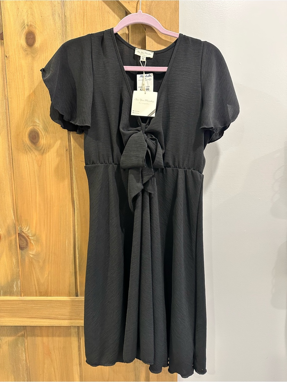See You Monday Black Tie-Front Flutter-Sleeve Dress